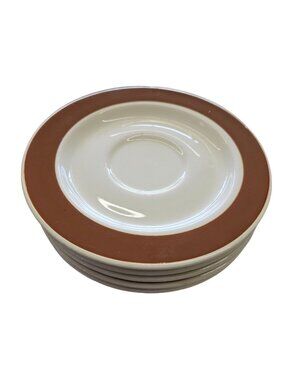 Vintage USA Made White & Brown Ceramic Sauce Plates 6 Inch Set 5